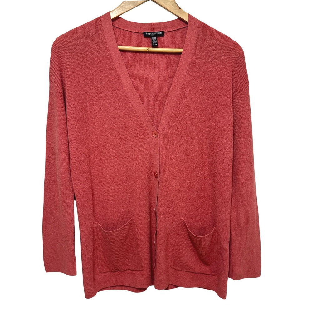Eileen Fisher Petite Cardigan Sweater PM‎ Organic Linen Blend Button Front Coral
